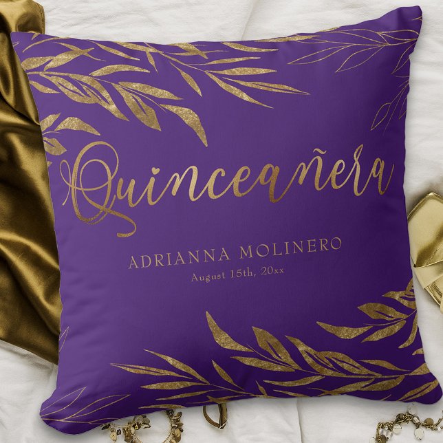Elegantes Lila Gold Leaf Personalisiert Quinceaner Kissen (Purple Quinceanera keepsake pillow from my Gold Leaf Quinceanera Collection)