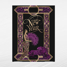 Elegantes Lila Gold Leopard Lady New Year Feiertagspostkarte