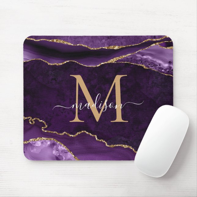 Elegantes Lila Gold Sparkle Agate Geode Monogramm Mousepad (Mit Mouse)