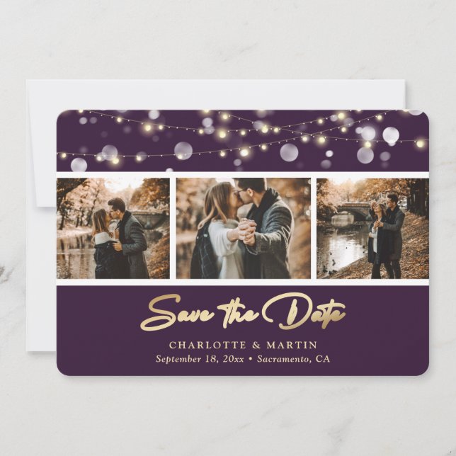 Elegantes Lila Gold Wedding Foto Save the Date (Vorderseite)
