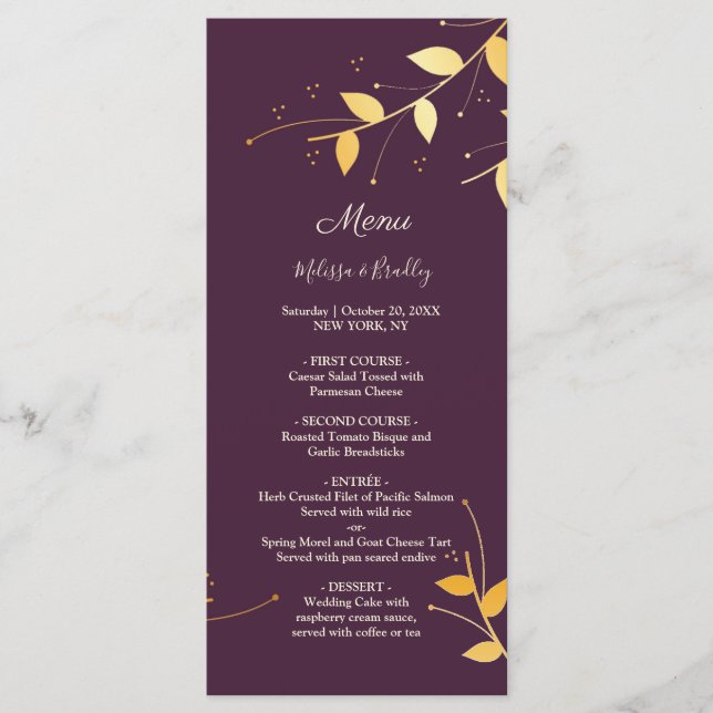 Elegantes Lila Golden Blätter Wedding Menu Programm (Vorderseite)