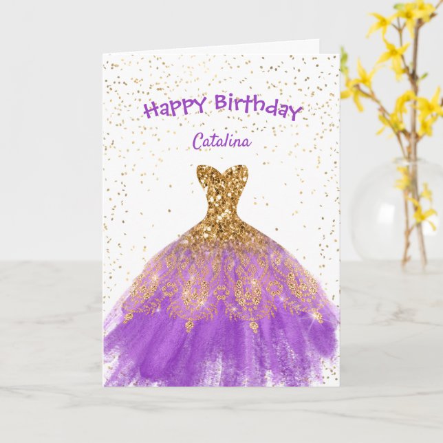 Elegantes Lila Goldkleid Geburtstag Karte (Gelbe Blume)