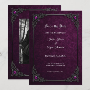 Elegantes lila gotisches Hochzeit-Save-the-Date-Mo Ankündigung