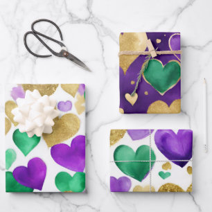 Elegantes Lila, grünes und goldenes Herz Mardi Gra Geschenkpapier Set