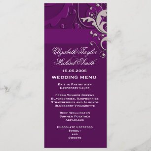 Elegantes Lila Hochzeitsmenü für Floral Damask Menükarte