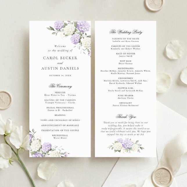 Elegantes lila Hortensien-Hochzeitsprogramm mit Bl Programm (Von Creator hochgeladen)
