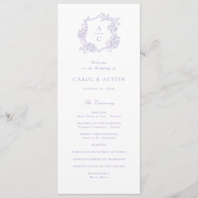 Elegantes lila Hortensien-Hochzeitsprogramm Programm (Vorderseite)