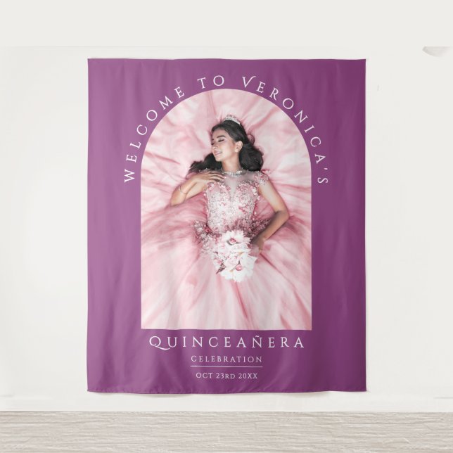 Elegantes Lila klassisches Quinceñera Arch Foto Wandteppich (Vorderseite)