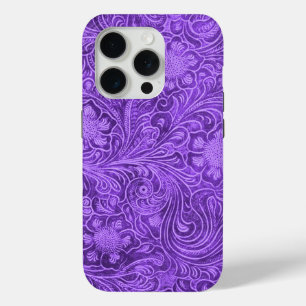 Elegantes, Lila Lederdesign mit floralen Stileleme iPhone 15 Pro Hülle