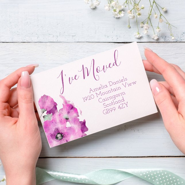Elegantes Lila Mohnbewegen Postkarte (Botanical new home address cards custom made to order. Stylish, elegant and sure to impress.)