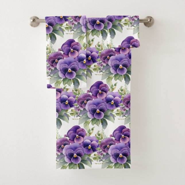 Elegantes Lila Pansy Stiefmütterchen Blumenhandtuc Badhandtuch Set (Insitu)