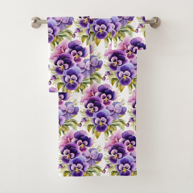 Elegantes Lila Pansy Stiefmütterchen Blumenhandtuc Badhandtuch Set (Insitu)