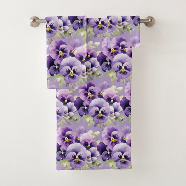 Elegantes Lila Pansy Stiefmütterchen Blumenhandtuc Badhandtuch Set (Insitu)