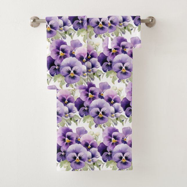 Elegantes Lila Pansy Stiefmütterchen Blumenhandtuc Badhandtuch Set (Insitu)