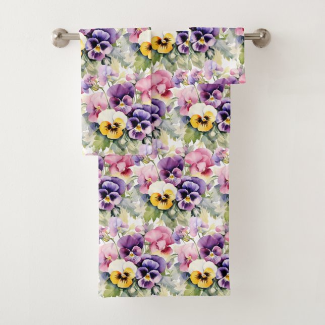 Elegantes Lila Pansy Stiefmütterchen Blumenhandtuc Badhandtuch Set (Insitu)