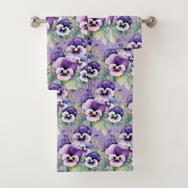 Elegantes Lila Pansy Stiefmütterchen Blumenhandtuc Badhandtuch Set (Insitu)