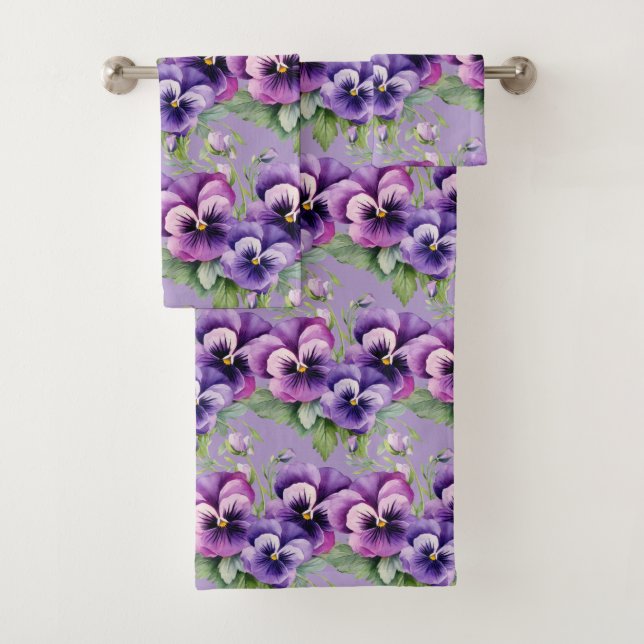 Elegantes Lila Pansy Stiefmütterchen Blumenhandtuc Badhandtuch Set (Insitu)