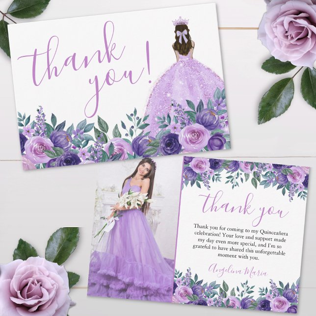 Elegantes Lila Quinceñera Foto Dankeskarte (Elegant Floral Purple Quinceañera Photo Thank You Card)