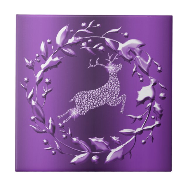 Elegantes Lila Reindeer Weihnachten Fliese (Vorderseite)