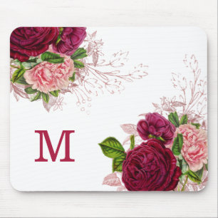 Elegantes lila rosa Blumenmuster weißes Monogramm Mousepad