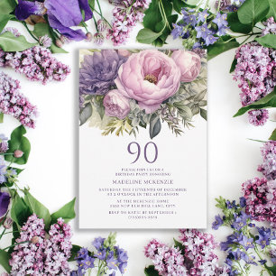 Elegantes lila-rosa-blumiges 90. Geburtstagsjubilä Einladung