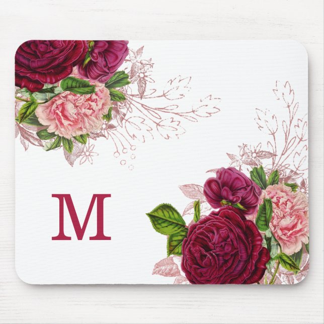 Elegantes, Lila rosa, floralweißes Monogramm Mousepad (Vorne)