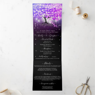 Elegantes Lila Rosa Herzleder Hochzeit Tri-Fold Dreifach Gefaltete Einladung