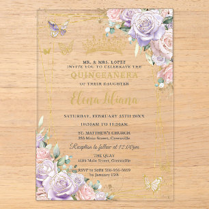 Elegantes Lila-Rosé-Blüten-Rosen-Quinceanera Sweet Acryleinladungen