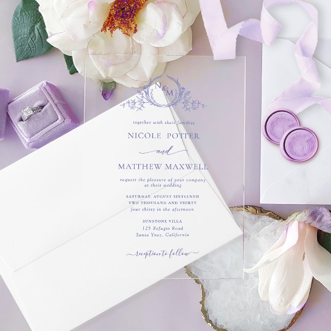 Elegantes Lila Royal Crown Wreath Monogramm Acryleinladungen (Von Creator hochgeladen)