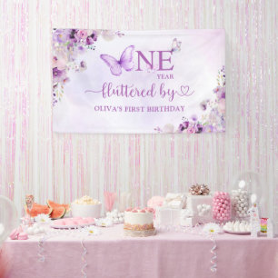 Elegantes Lila Schmetterling 1. Geburtstag Party Banner