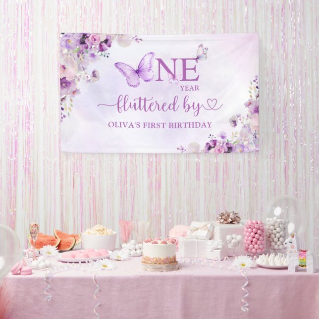 Elegantes Lila Schmetterling 1. Geburtstag Party Banner (Party)