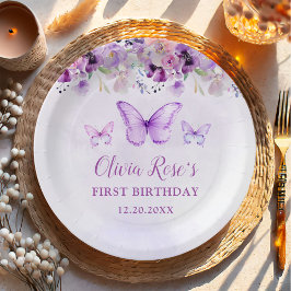 Elegantes Lila Schmetterling 1. Geburtstag Party Pappteller