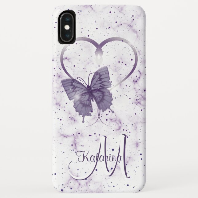 Elegantes Lila Schmetterling, Herz-Marmor-Monogram Case-Mate iPhone Hülle (Rückseite)