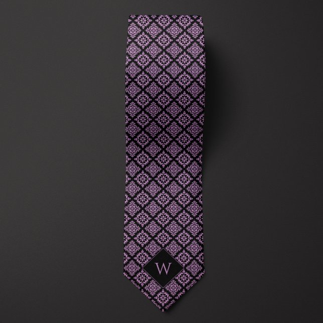 Elegantes Lila-Schwarz-Arabesque-Monogramm Krawatte (Von Creator hochgeladen)