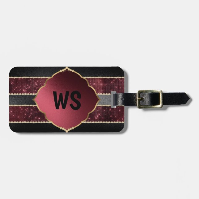 Elegantes Lila Schwarzes Monogramm Personalisierte Gepäckanhänger (Vorderseite horizontal)