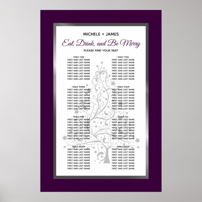 Elegantes Lila Silver Wedding Seating Chart Poster (Vorne)