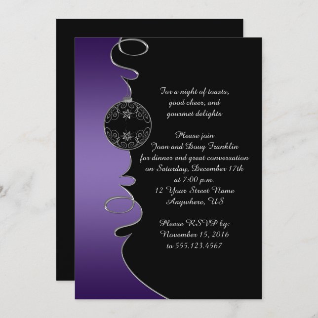 Elegantes Lila Silver Wirbel Schwarzes Weihnachtsf Einladung (Vorne/Hinten)