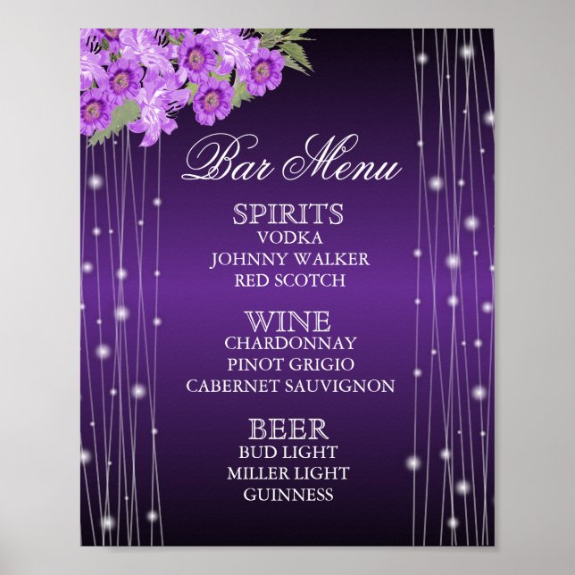 Elegantes Lila String Lights Floral - Bar Menu Poster (Vorne)