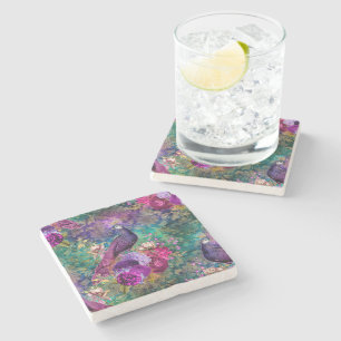 Elegantes lila Türkis Pfau Floral Steinuntersetzer