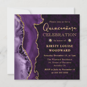 Elegantes Lila und Gold Glitter Achat Quinceanera Einladung