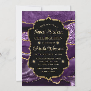 Elegantes Lila- und Gold-Glitter-Achat Sweet Sixte Einladung