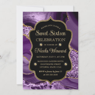 Elegantes Lila- und Gold-Glitter-Achat Sweet Sixte Einladung