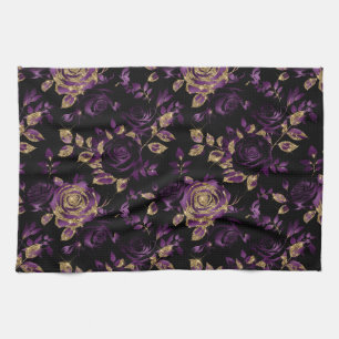 Elegantes Lila und Gold Rose Blumenmuster Geschirrtuch