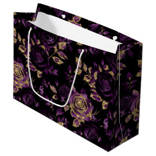 Elegantes Lila und Gold Rose Blumenmuster Große Geschenktüte