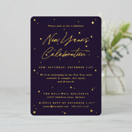 Elegantes Lila- und Gold-Scattered Stars New Year Folieneinladung