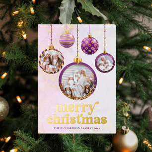 Elegantes lila und goldenes Weihnachtsbaumschmuck- Folien Feiertagskarte