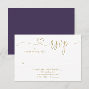 Elegantes Lila und goldfarbenes Script-Herz RSVP Karte
