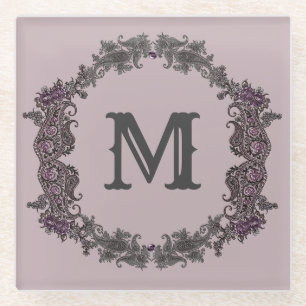 Elegantes Lila und Silver Gerahmtes Monogramm Glasuntersetzer