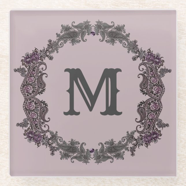 Elegantes Lila und Silver Gerahmtes Monogramm Glasuntersetzer (Vorderseite)
