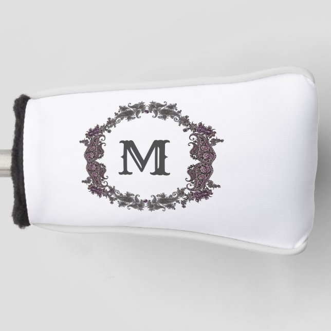 Elegantes Lila und Silver Gerahmtes Monogramm Golf Headcover (Vorderseite)